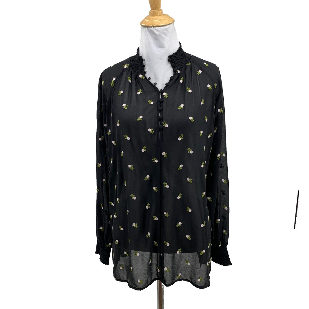 Cabi Blouse Womens S Small Black Alegria Embroidered Sheer Smocked Neck Wrist